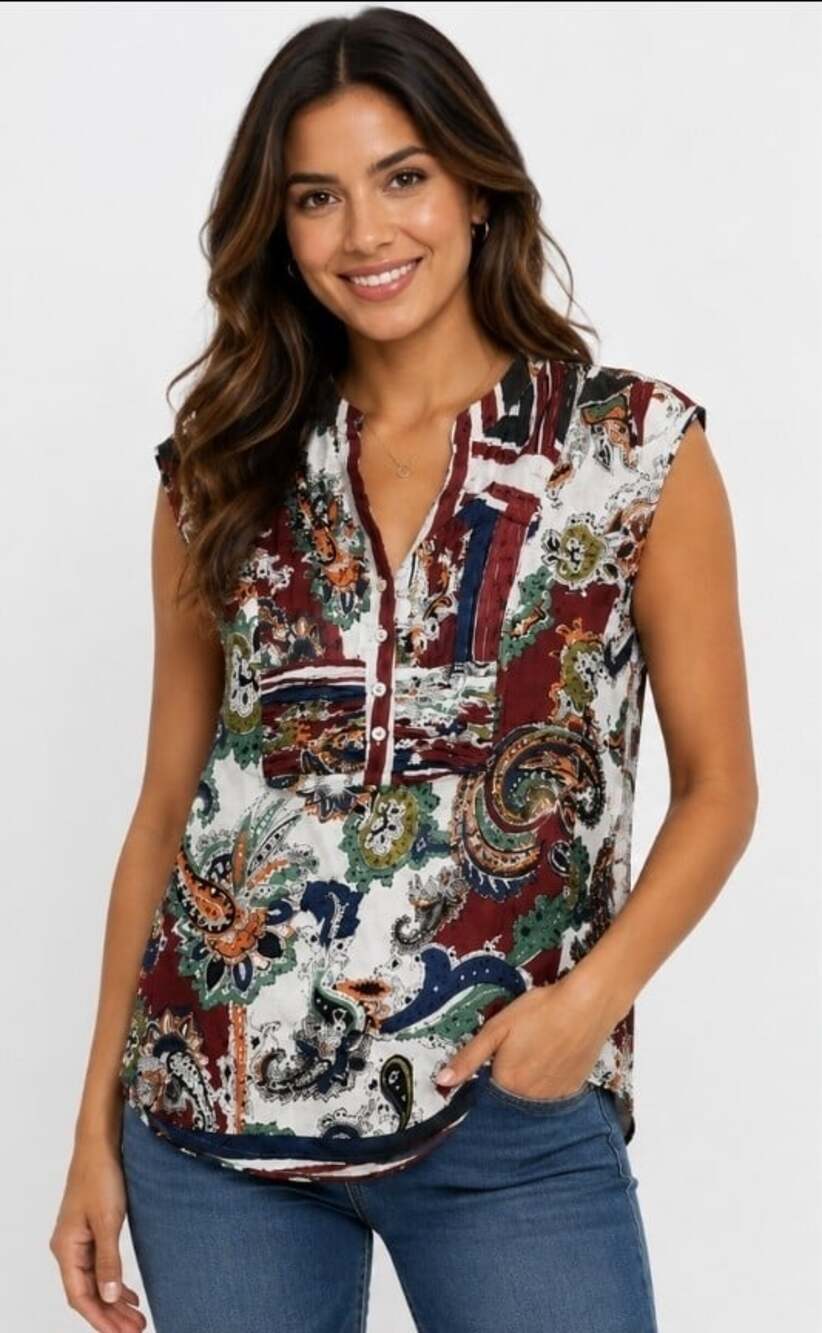 Magazine Floral Design Blouse 1/2 Buttondown Shirt Sleeveless Medium NWT CR60